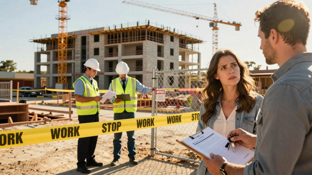 Homem e mulher conversam em frente a construção com dois operários usando coletes refletivos ao fundo.