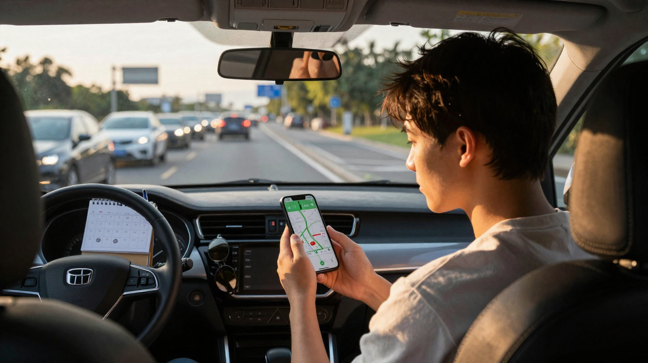 Jovem sentado no banco do motorista consulta mapa em celular dentro do carro parado no trânsito.