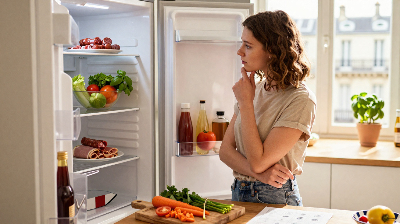 Mulher pensando diante de geladeira aberta com vegetais e alimentos frescos na cozinha iluminada.