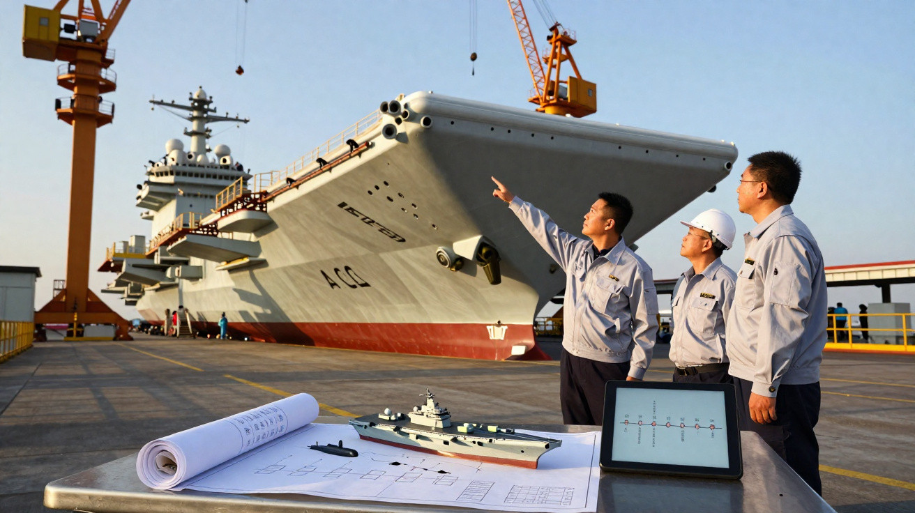 Três engenheiros militares observam um porta-aviões em construção no estaleiro naval ao lado de plantas e maquete.