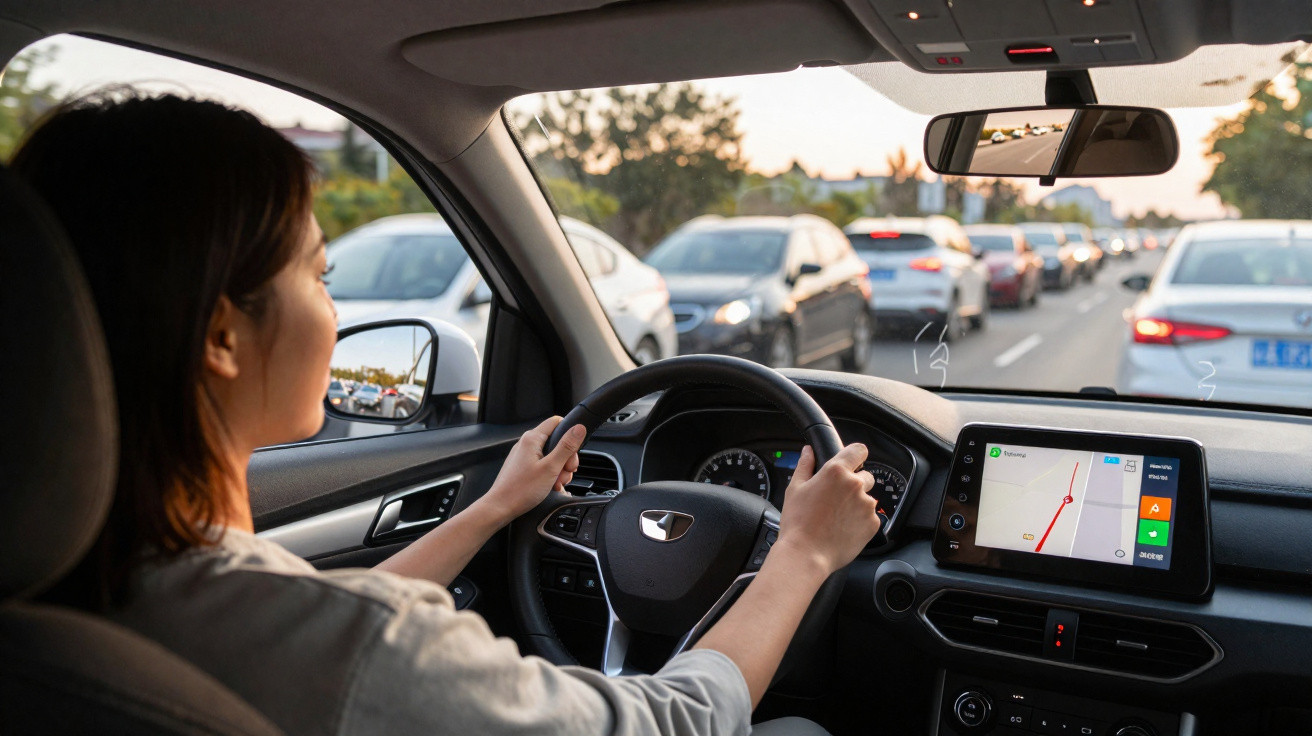 Mulher dirigindo carro em rodovia movimentada com navegação por GPS na tela do painel.