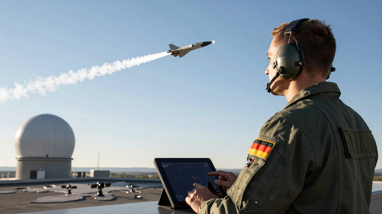 Homem com fone de ouvido controla avião militar decolando, com radar ao fundo, em dia claro.