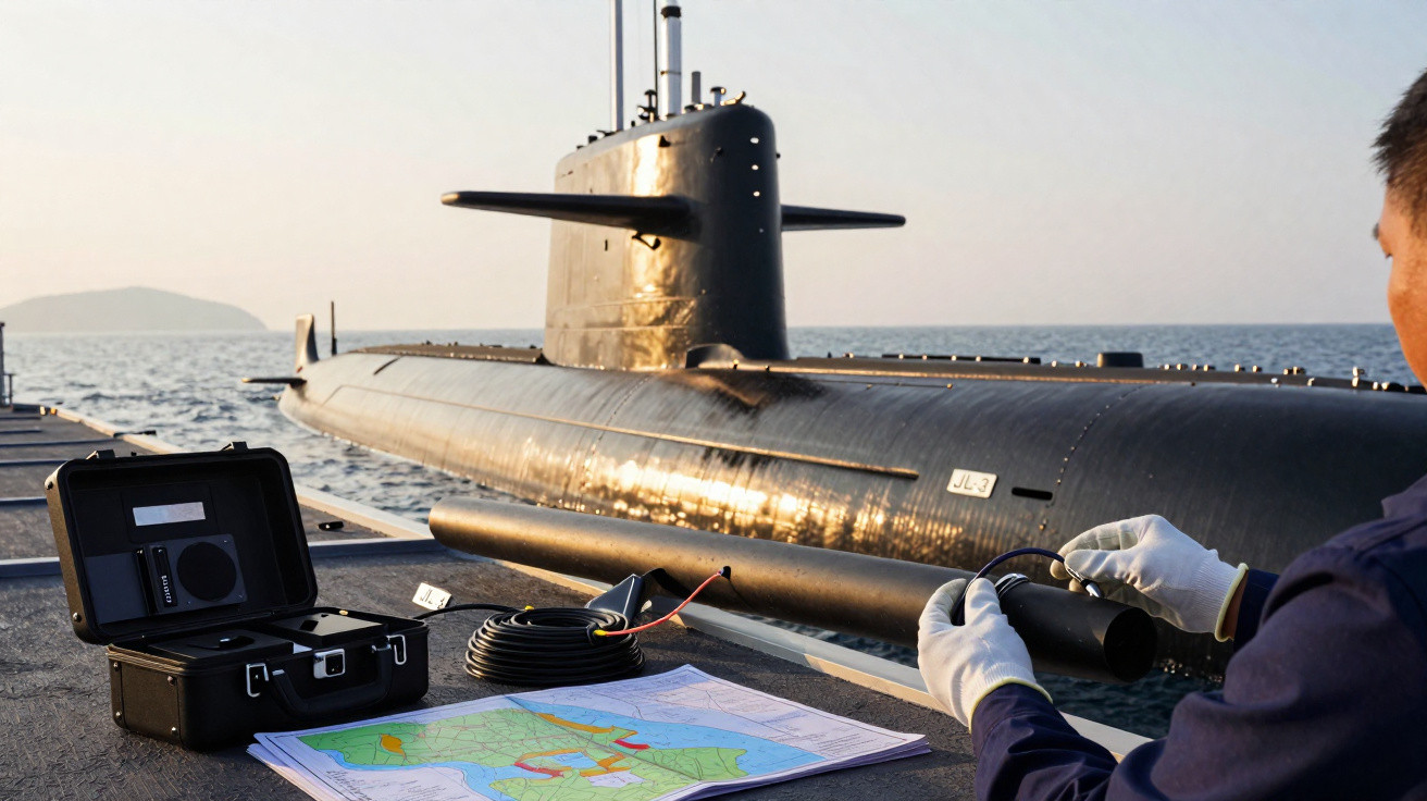 Homem com luvas manuseia equipamento eletrônico próximo a submarino no mar ao entardecer.