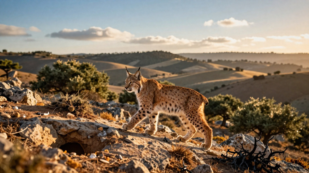 Lince em um terreno rochoso ao pôr do sol, com colinas e árvores ao fundo em ambiente natural.