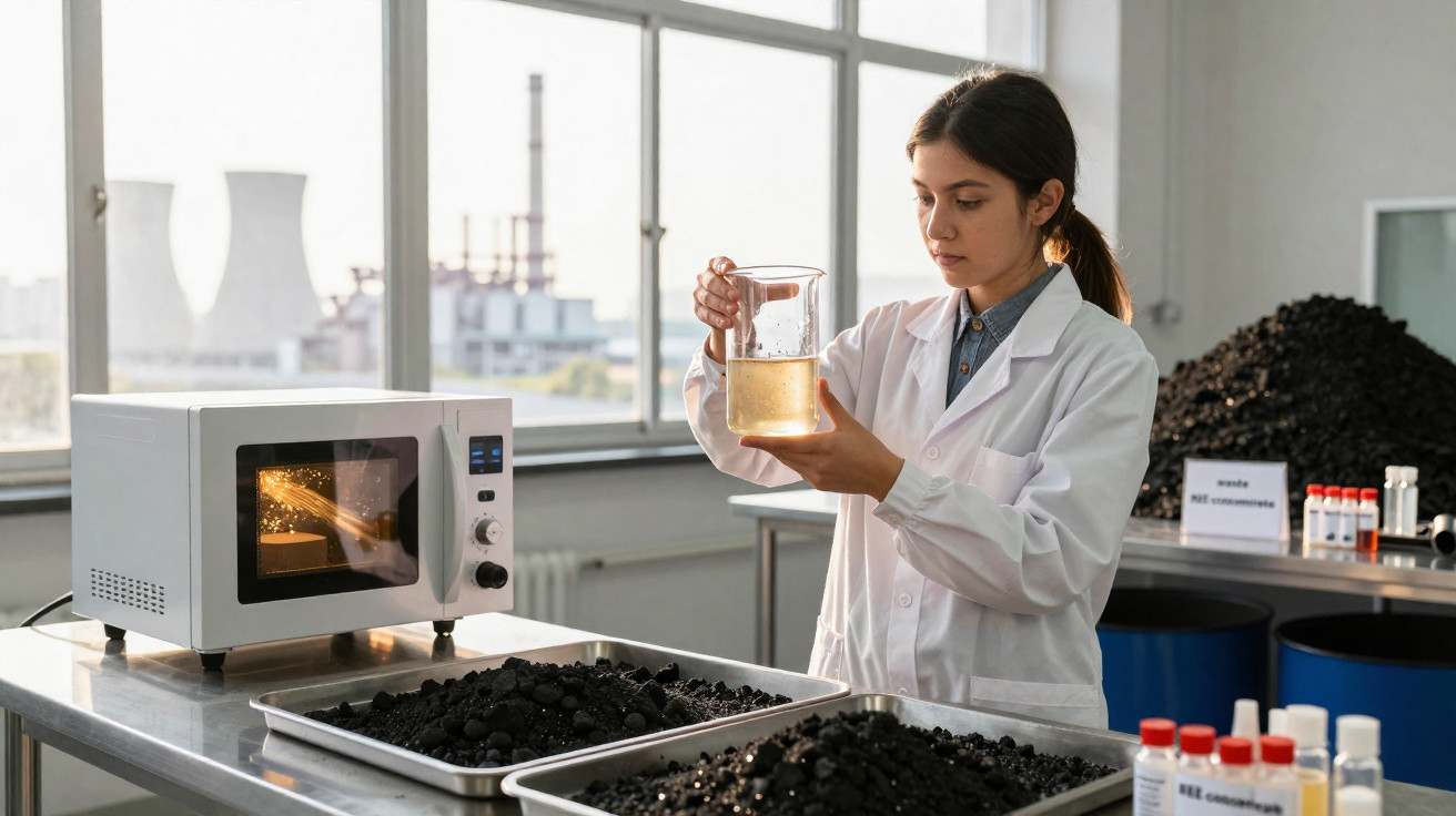 Pesquisadora em laboratório analisando líquido em béquer, com amostras de solo e forno ao fundo.