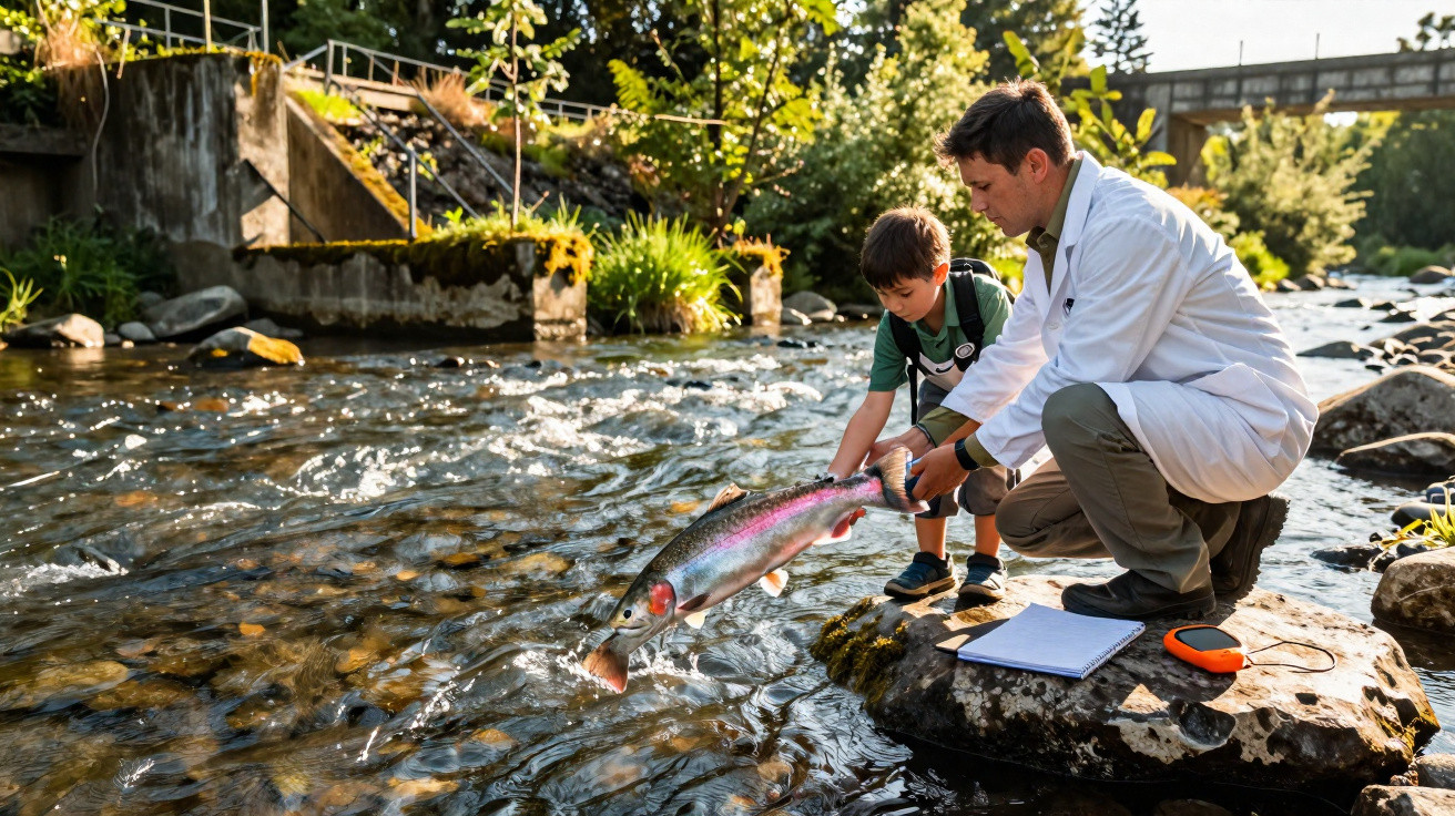 Homem de jaleco branco e menino soltam peixe grande em rio com pedras e vegetação ao redor.