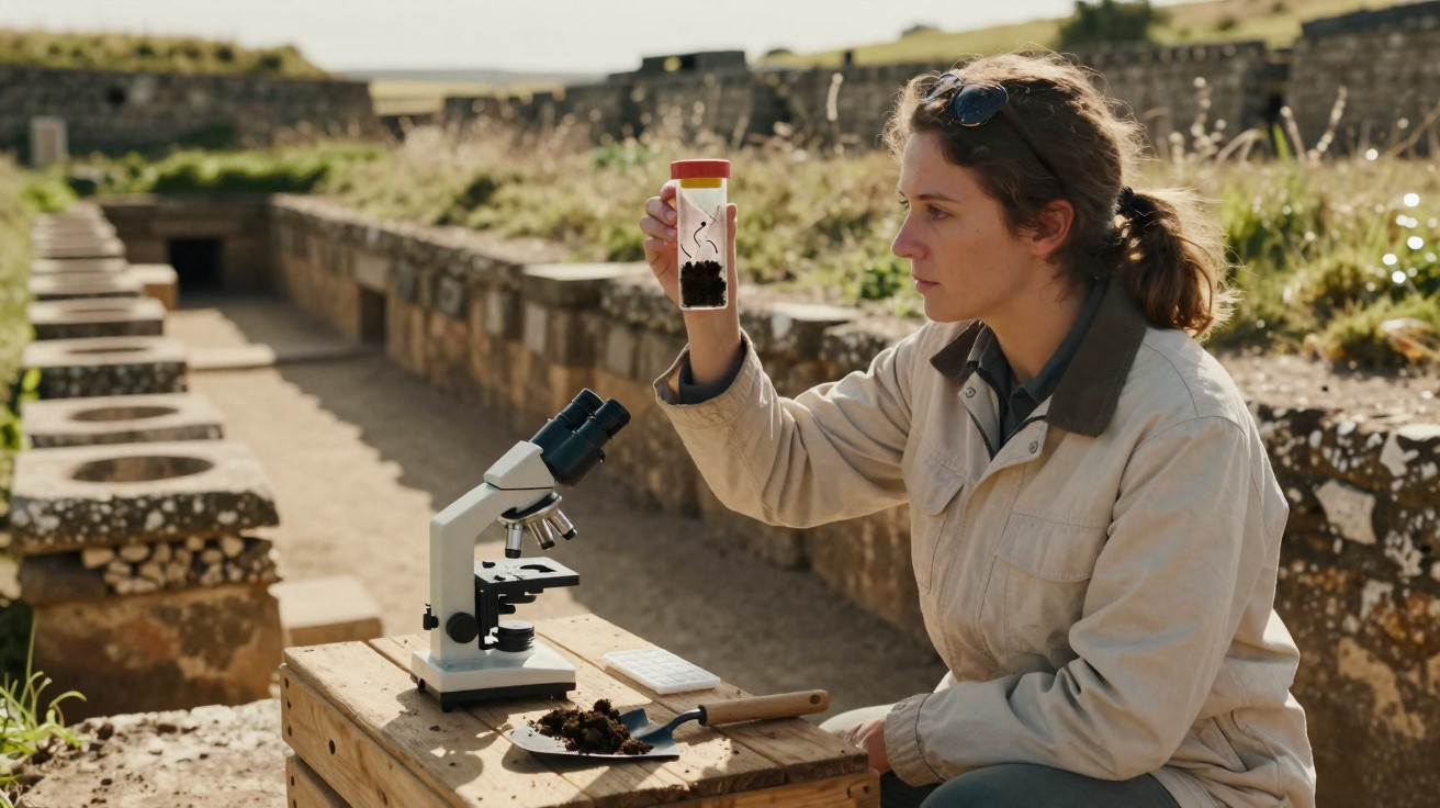 Mulher segurando recipiente com amostra do solo em área arqueológica, com microscópio e pá sobre mesa.