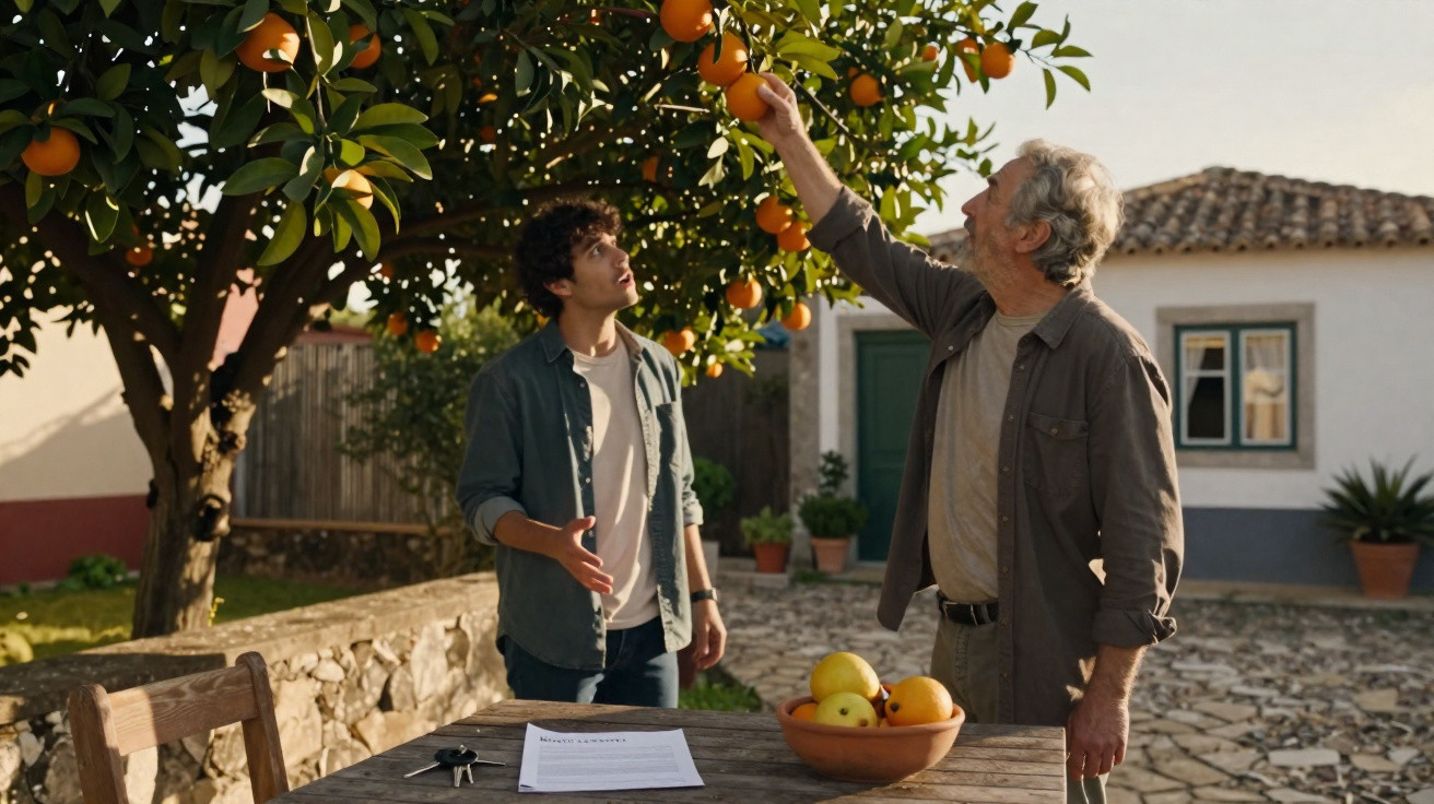 Homem mais velho colhe laranja de árvore enquanto jovem observa em quintal com mesa e frutas.