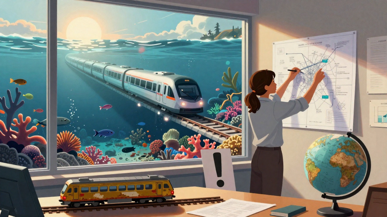 Mulher analisa mapa ferroviário em escritório com janela mostrando trem subaquático em paisagem oceânica.