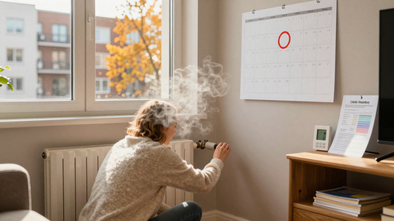 Pessoa regulando o aquecedor a vapor em ambiente interno com calendário na parede marcado em vermelho.