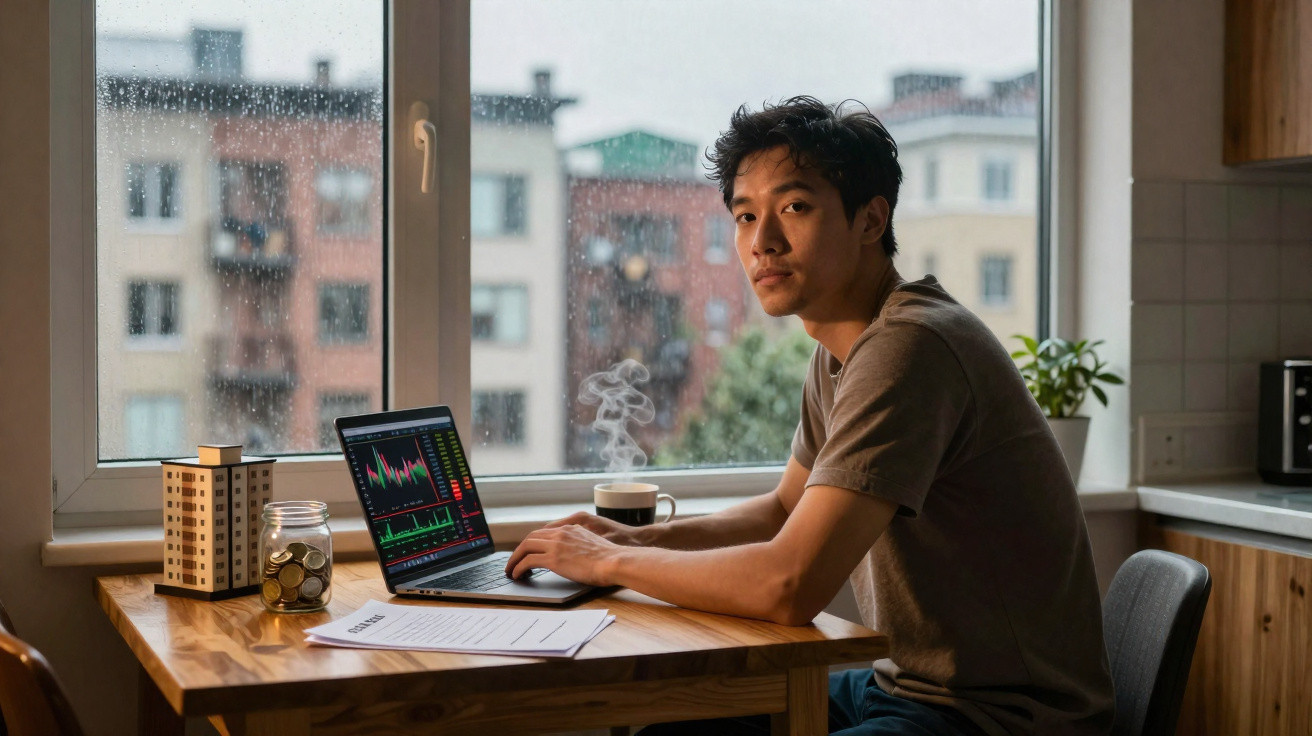 Homem trabalha em laptop com gráficos financeiros sentado à mesa perto de janela em dia chuvoso.