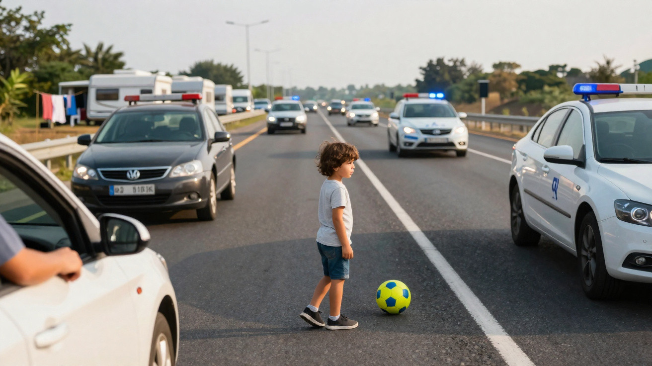 Criança parado em rodovia com bola, cercado por carros e viaturas policiais com luzes ligadas.