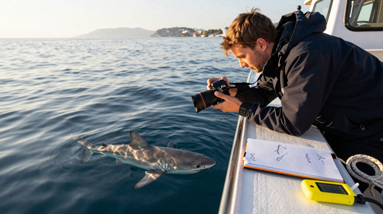 Homem tira foto de tubarão próximo à superfície do mar a partir de um barco.