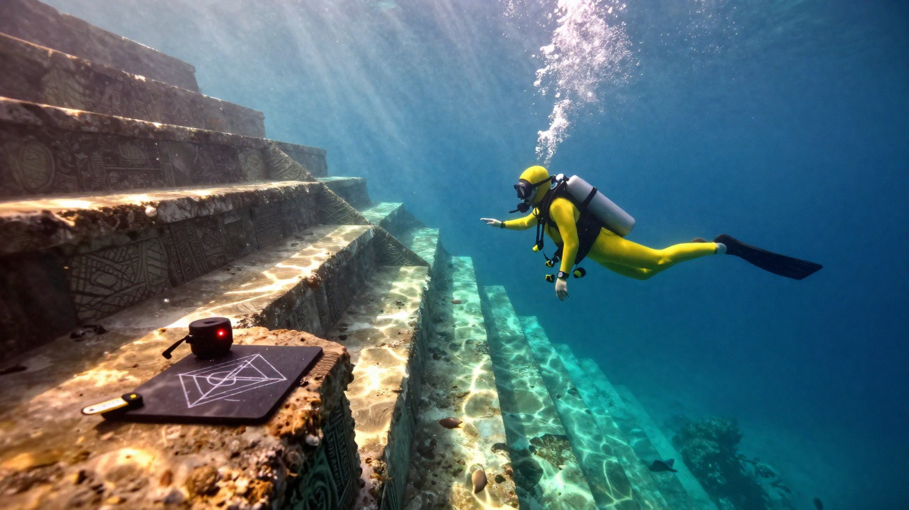 Mergulhador com roupa amarela explorando degraus submersos com inscrições antigas em águas claras.
