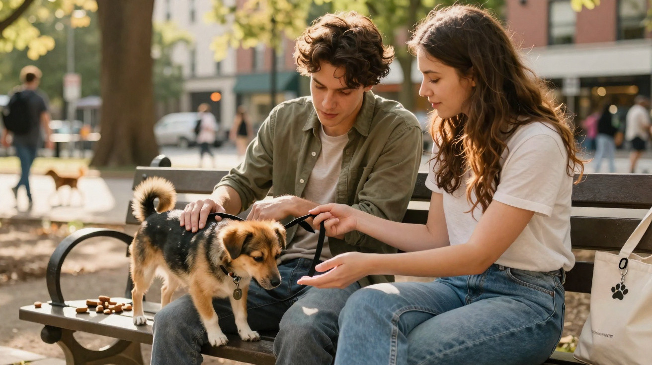 Casal sentado em banco de parque brinca com cachorro pequeno e usa roupas casuais em dia ensolarado.