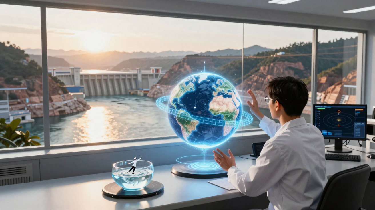 Pessoa com jaleco branco interage com holograma do planeta Terra em sala com vista para represa ao pôr do sol.
