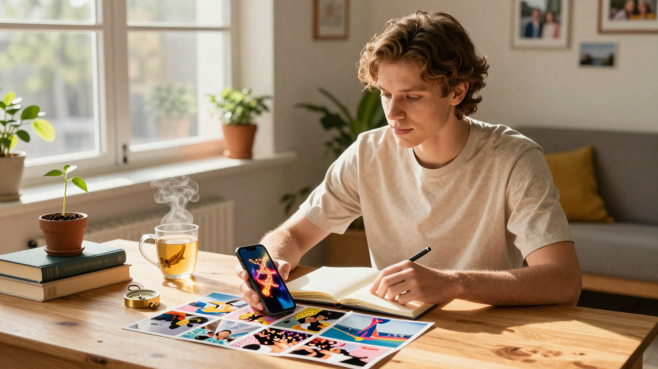 Jovem sentado à mesa desenhando, segurando celular com desenho colorido, ao lado de copo de chá quente e plantas.