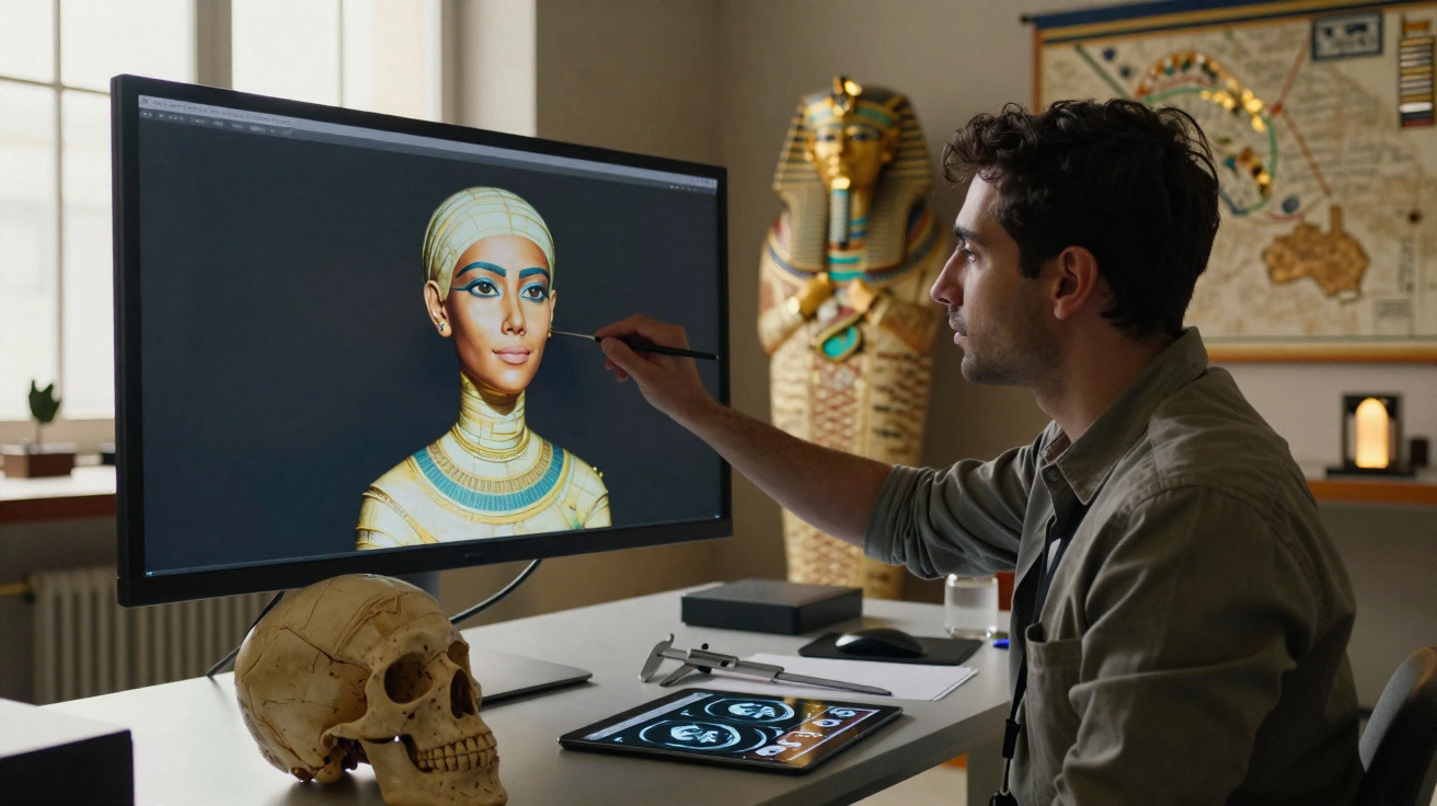 Homem trabalhando em design digital de figura egípcia antiga em computador na mesa com caveira e tablet.