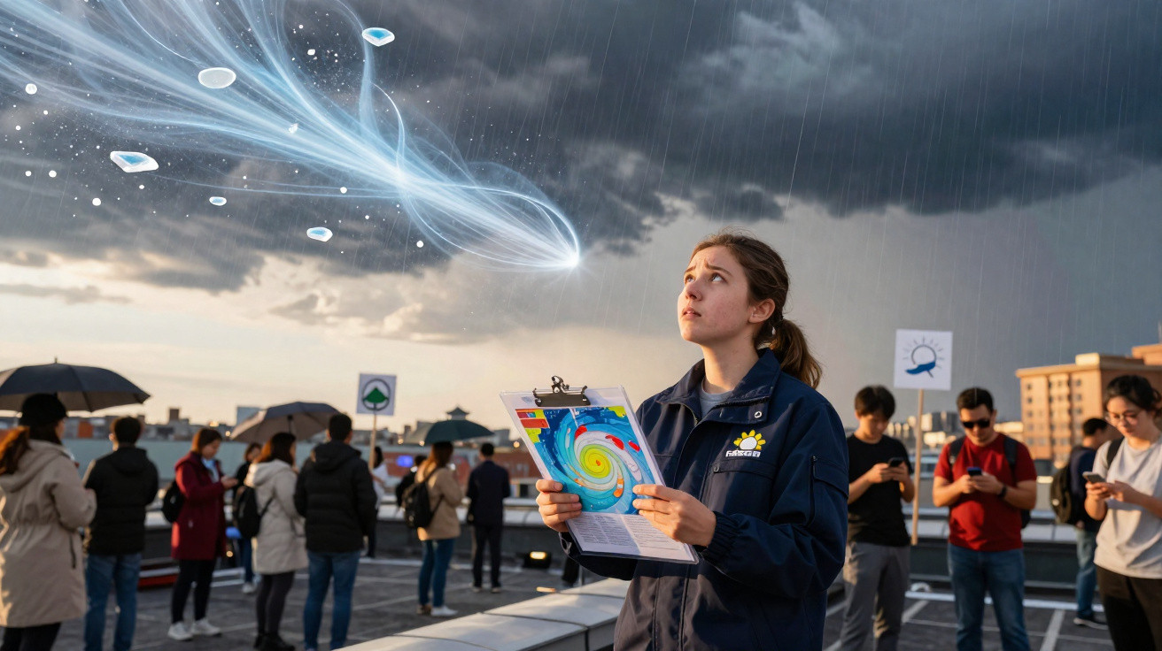 Mulher segura prancheta em grupo, com céu nublado e visualização digital de tornado no ambiente urbano.