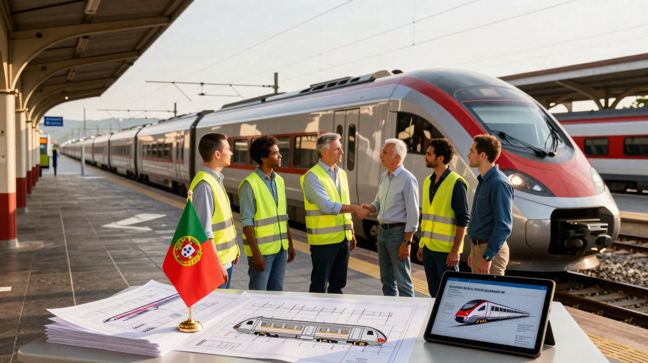 Equipe de engenharia ferroviária com coletes refletivos ao lado de trem moderno em estação.