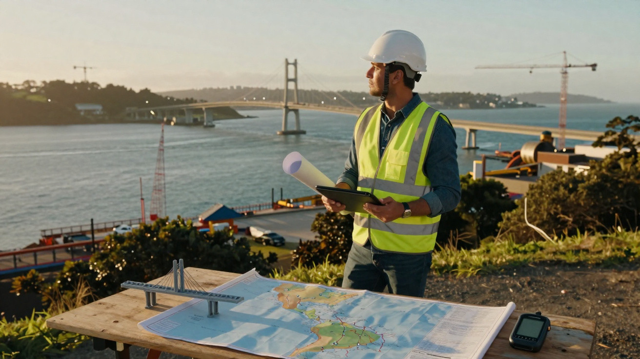 Engenheiro com capacete e colete refletivo observa vista de ponte sobre rio, com maquete e mapas na mesa.