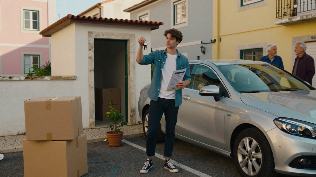 Jovem segurando chaves e documentos próximo a carro prata e caixas em área residencial externa.