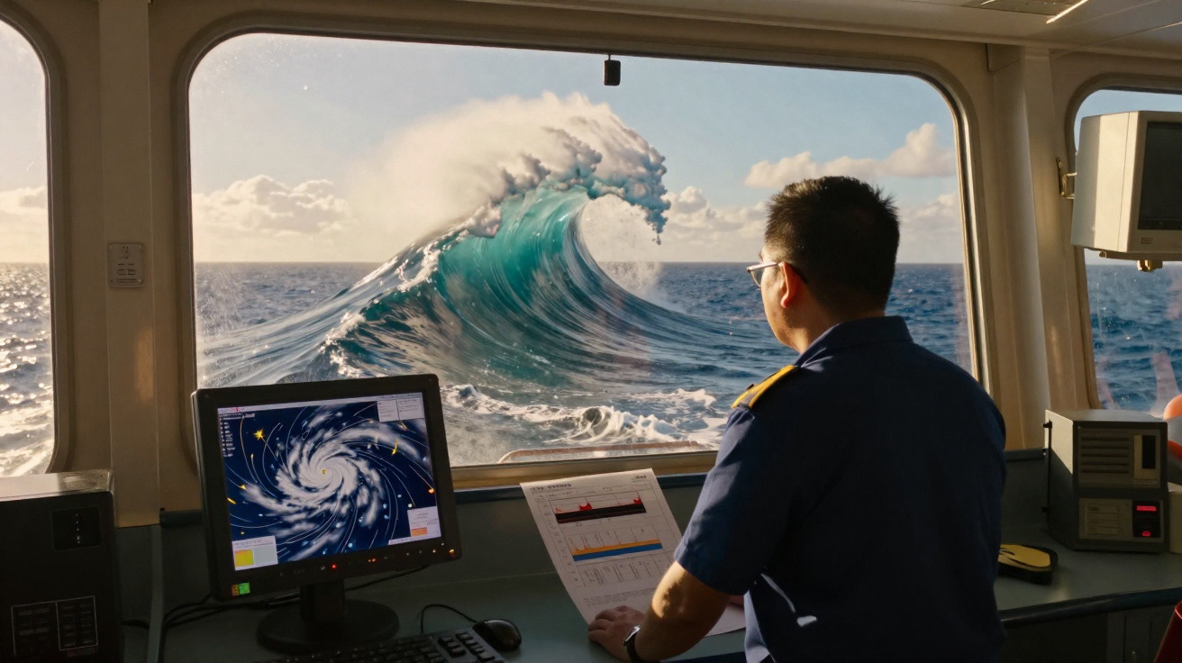 Homem observa grande onda no mar através da janela de uma cabine com equipamentos de monitoramento.