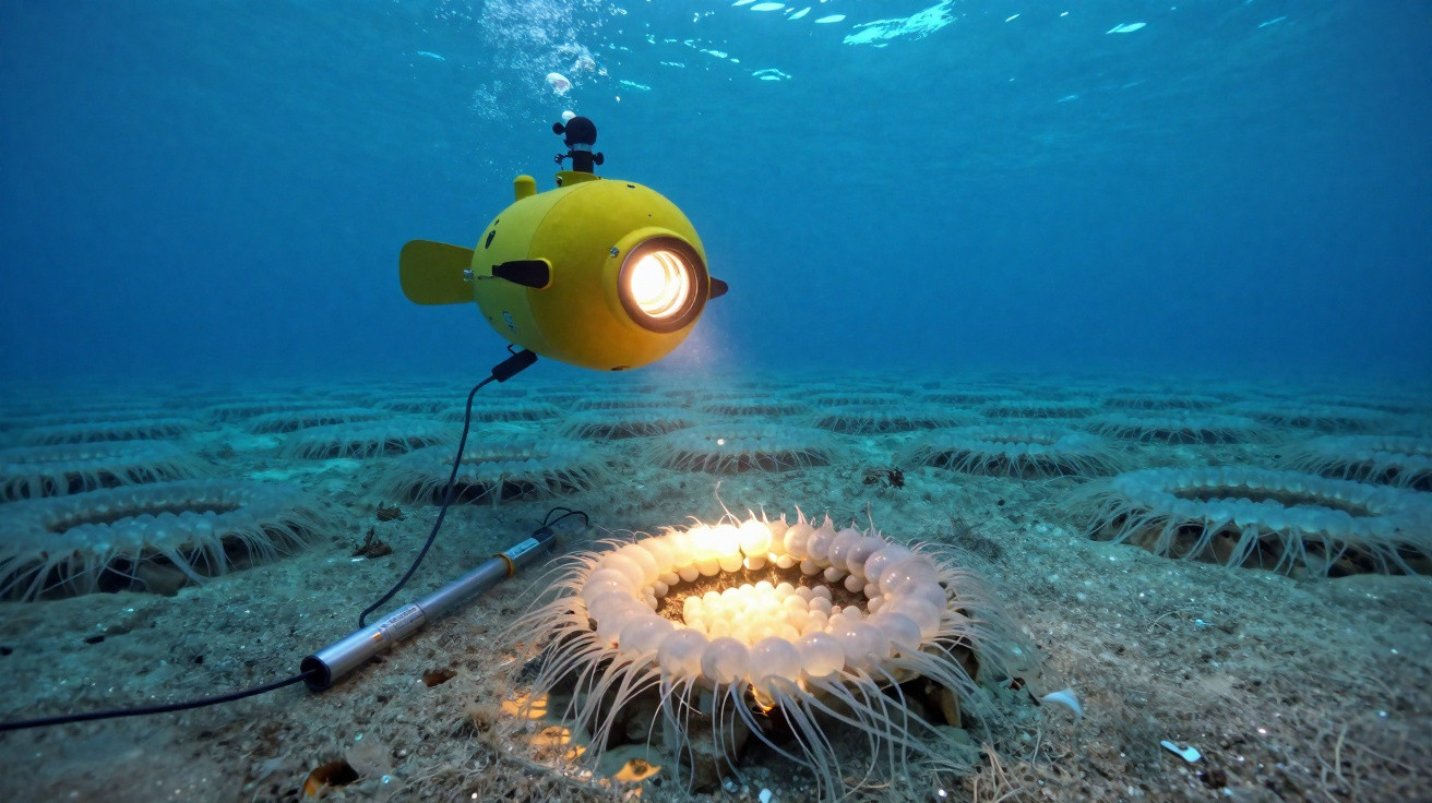 Submarino amarelo iluminando anêmonas marinhas no fundo do oceano.