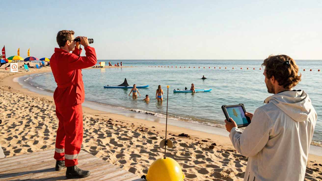 Salva-vidas observa banhistas na praia enquanto homem com tablet registra imagens do mar calmo.
