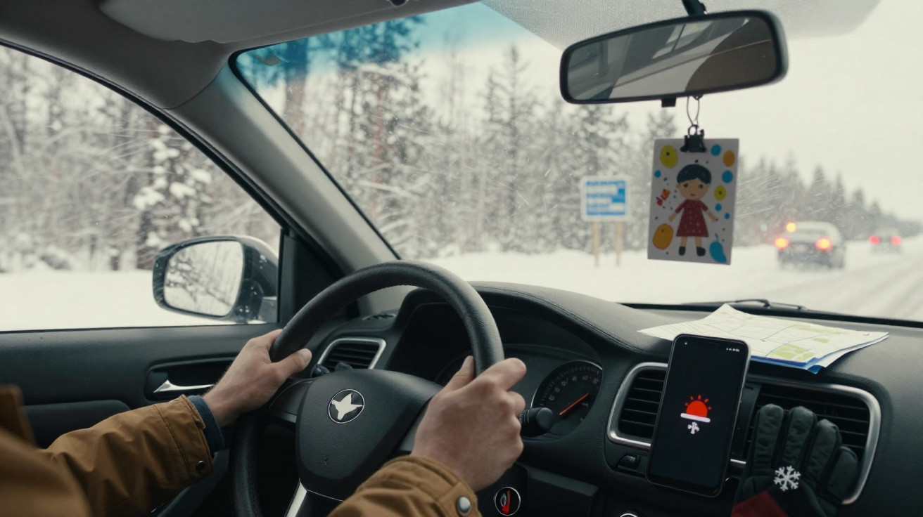 Pessoa dirigindo carro na neve, painel com celular mostrando alerta de tempo severo.
