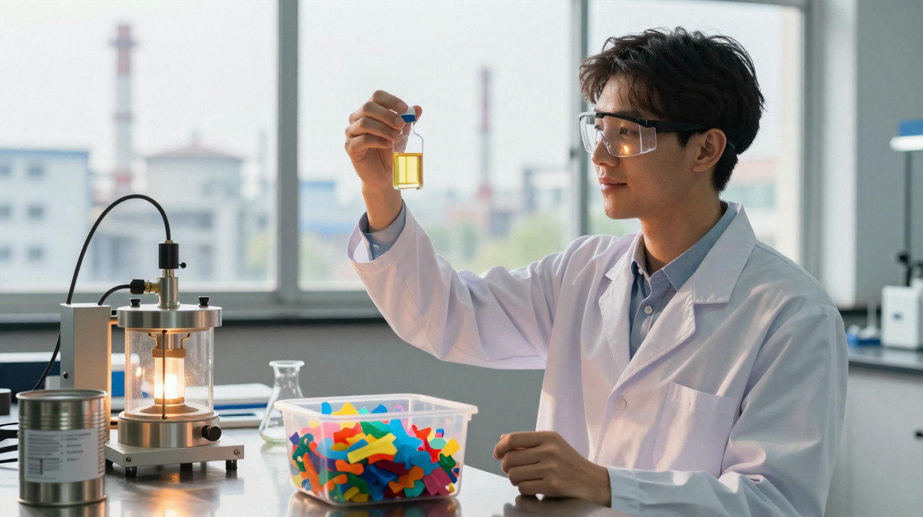 Cientista jovem em laboratório analisando frasco com líquido amarelo, usando jaleco e óculos de proteção.