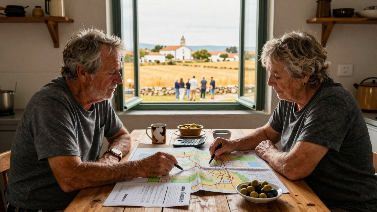 Casal idoso sentado à mesa, analisando um mapa, com janela aberta para campo e pessoas ao fundo.