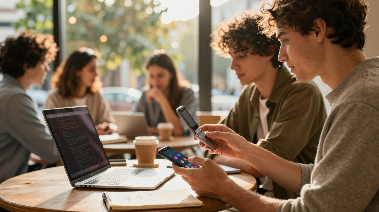 Jovens reunidos em cafeteria com laptop, cadernos e celulares, em ambiente iluminado pela luz natural.