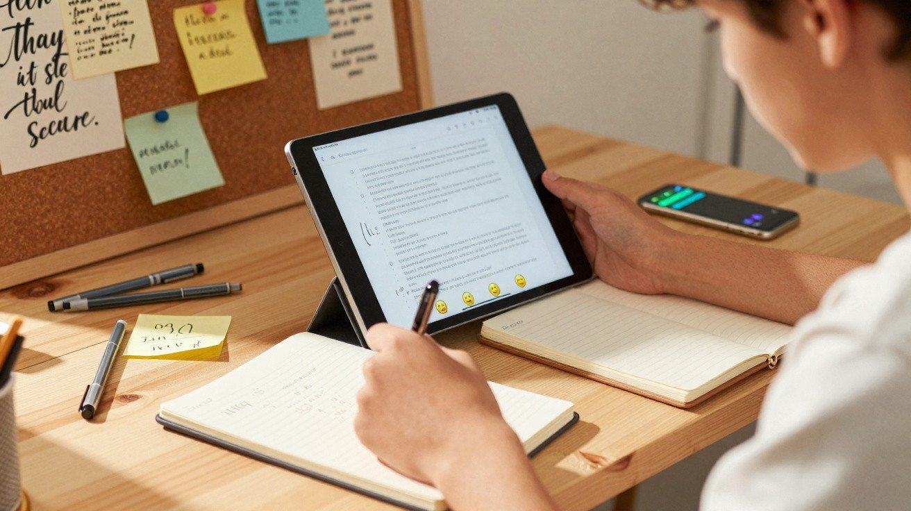 Pessoa estudando com tablet, caderno aberto, celular e quadro de avisos com anotações ao fundo.