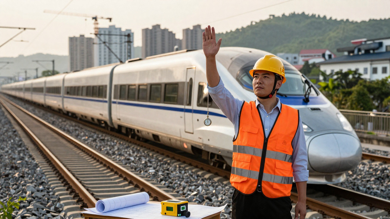 Engenheiro de segurança com colete e capacete sinaliza próximo a trem de alta velocidade nos trilhos.