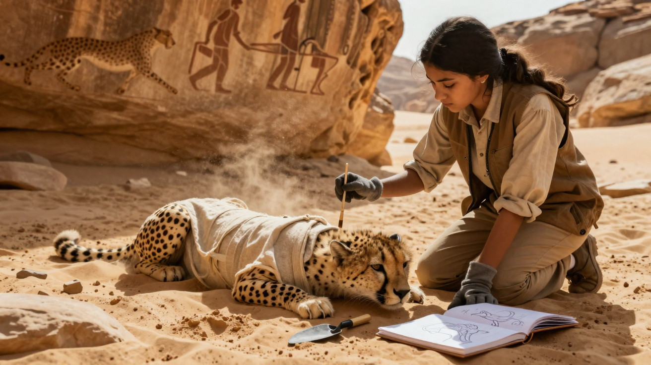 Jovem pintando padrão de onça-pintada em uma onça-pintada deitada no deserto perto de rochas com pinturas rupestres.