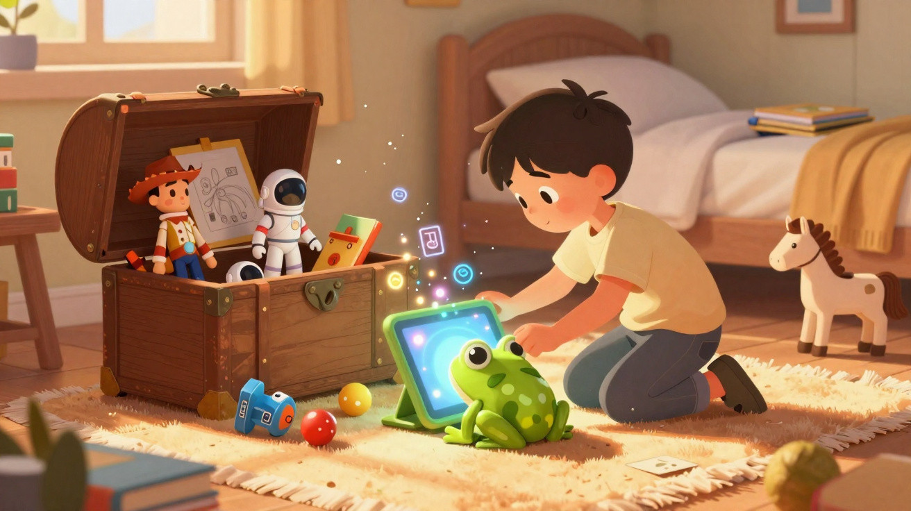 Menino brincando com tablet interativo e brinquedos em um quarto aconchegante e iluminado pela manhã.