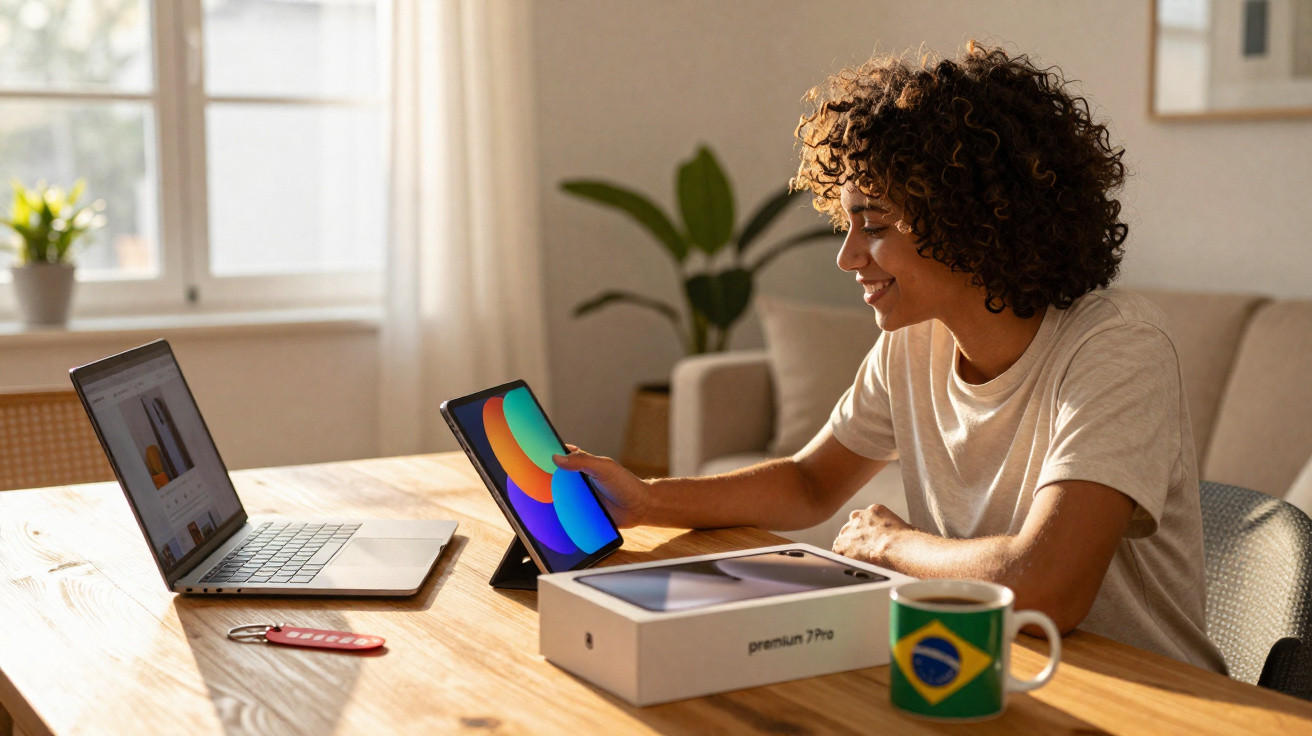 Mulher sorrindo usa tablet em mesa com notebook, caixa de tablet e caneca com bandeira do Brasil.