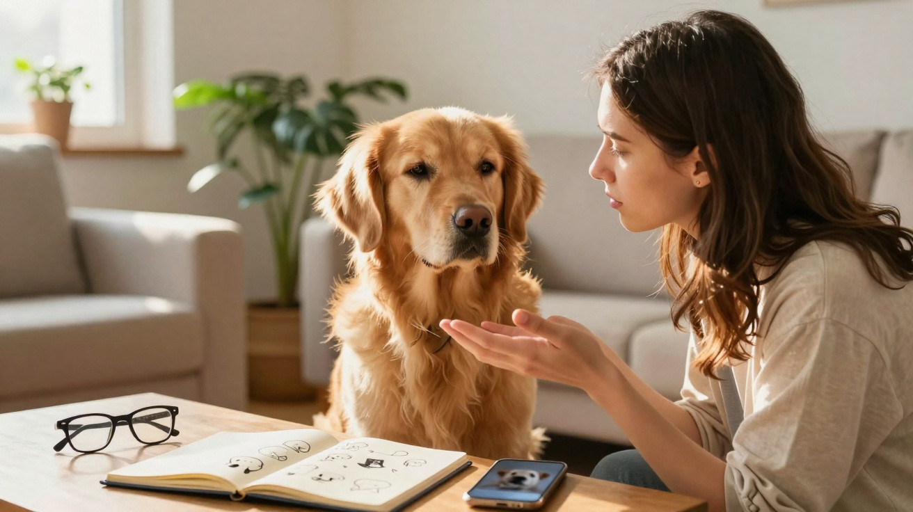 Mulher conversa com cachorro golden retriever sentado em sala com sofá e mesa com caderno, celular e óculos.