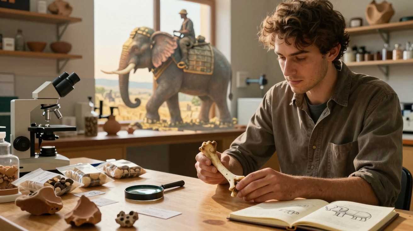 Jovem estudando fósseis em laboratório com microscópio e ilustração de elefante ao fundo.