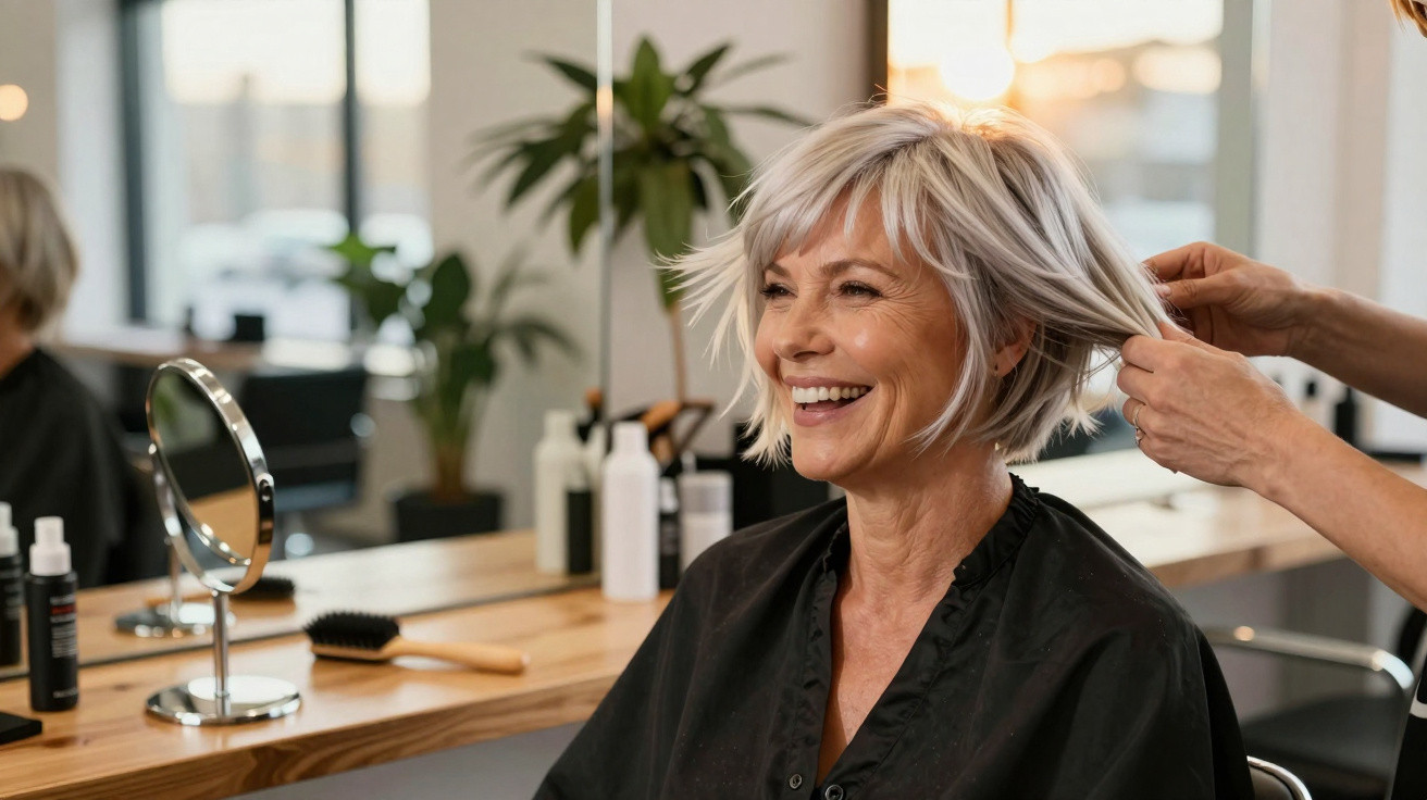 Mulher sorridente com cabelo grisalho curto sendo penteada em salão de beleza moderno.