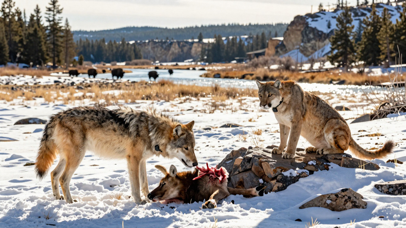 Lobos sobre neve próximos a carcaça de animal, com bisões ao fundo em paisagem natural.