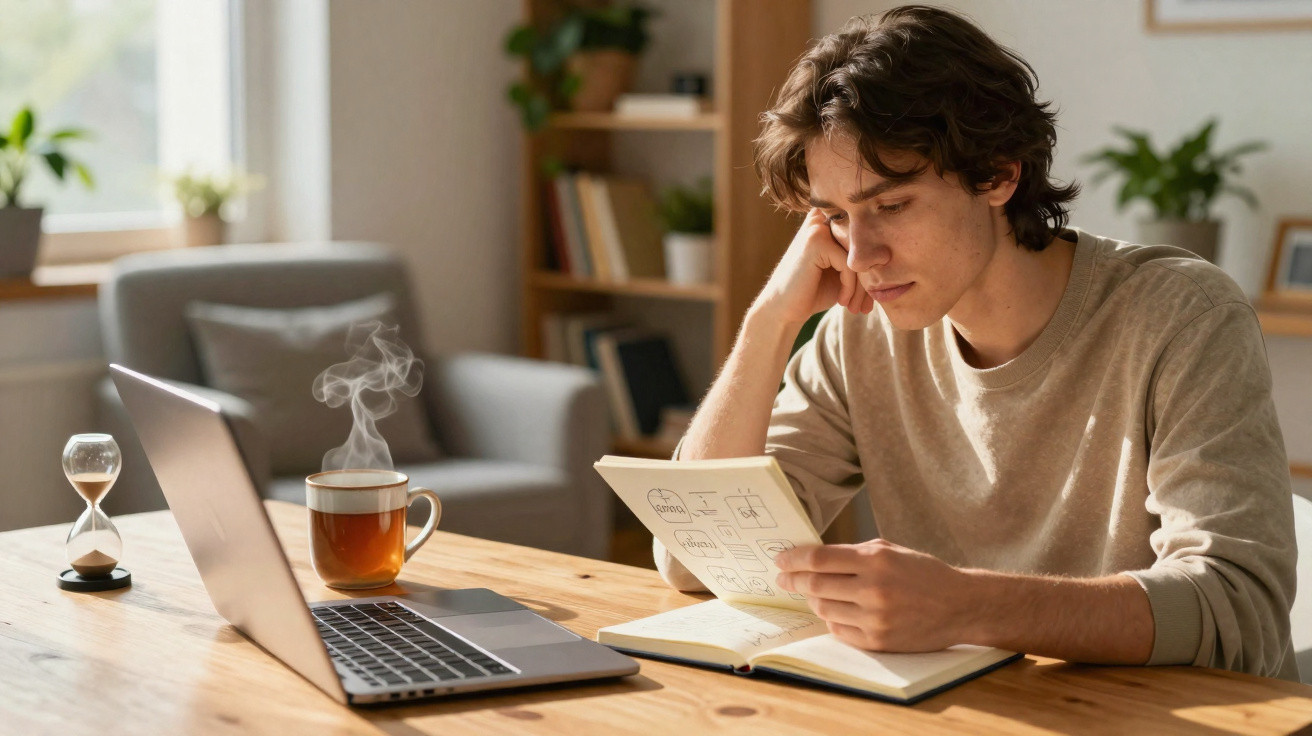 Jovem sentado à mesa lendo anotações com laptop aberto e xícara de chá quente ao lado.