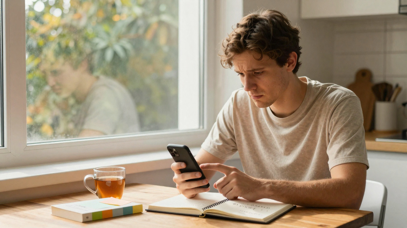 Jovem sentado à mesa lendo celular com caderno aberto e xícara de chá ao lado perto da janela.