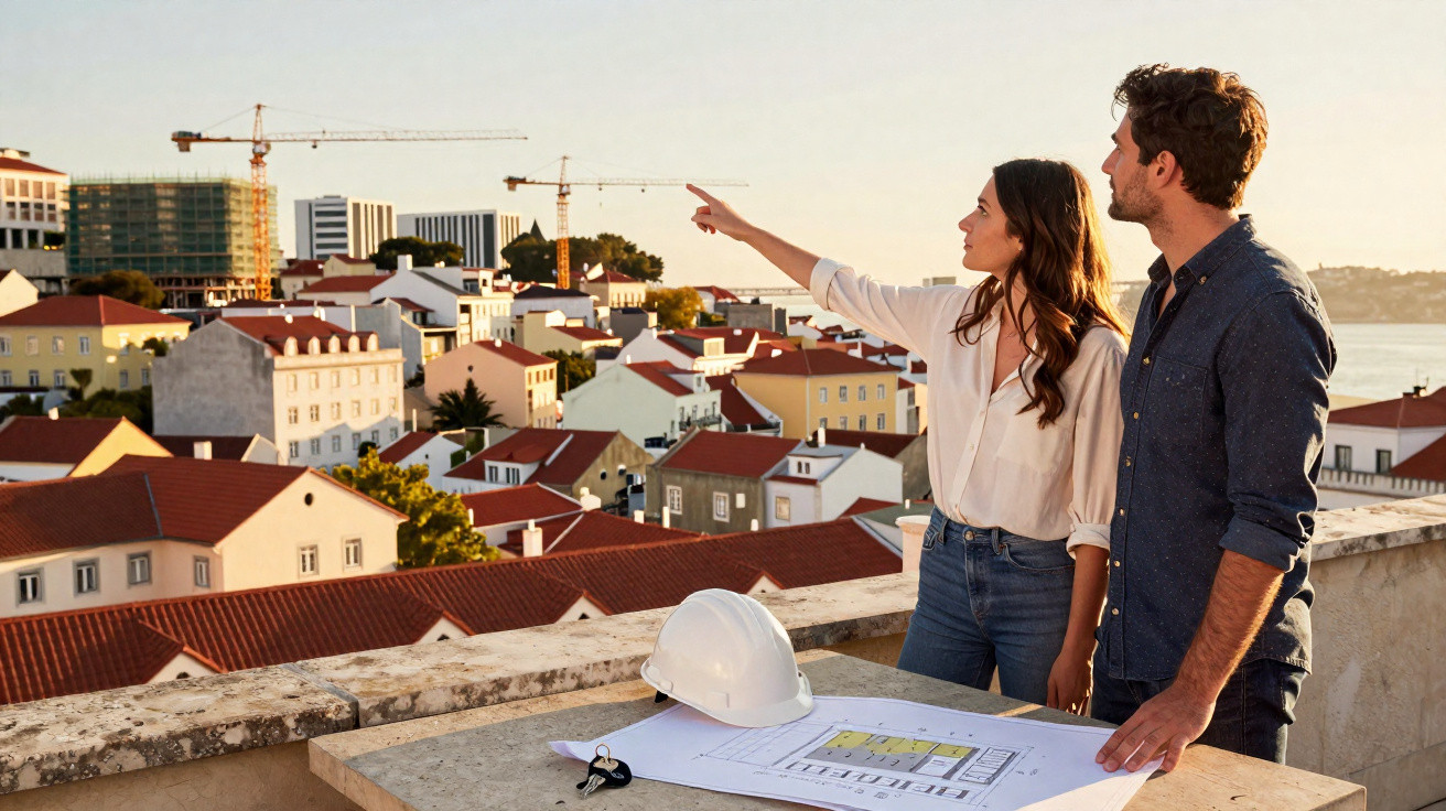 Casal analisando projeto de construção em varanda com vista para edifícios e guindastes ao pôr do sol.