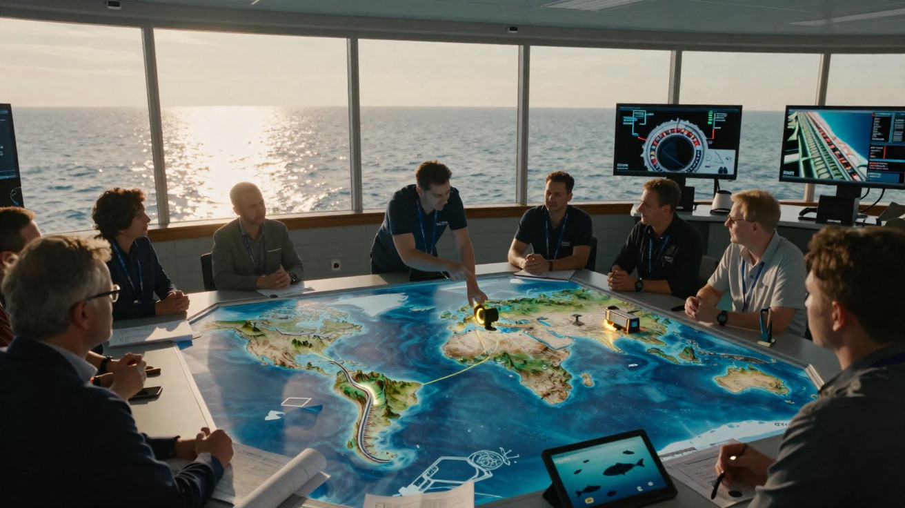Equipe analisa mapa marítimo digital em sala com janelas grandes e vista para o mar ao pôr do sol.