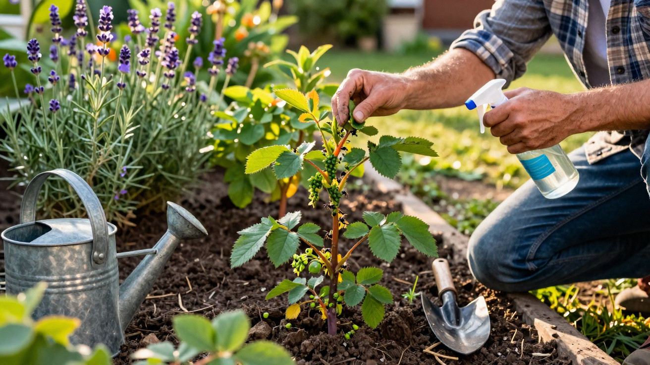 Pessoa borrifando planta jovem em canteiro de jardim com regador e pá ao lado.