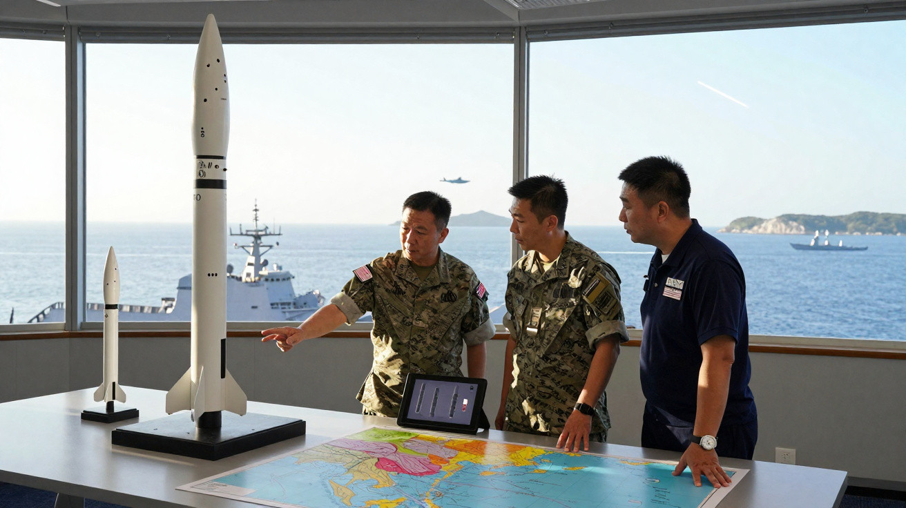 Três homens discutem perto de modelos de mísseis e um mapa em sala com vista para o mar e navio militar.