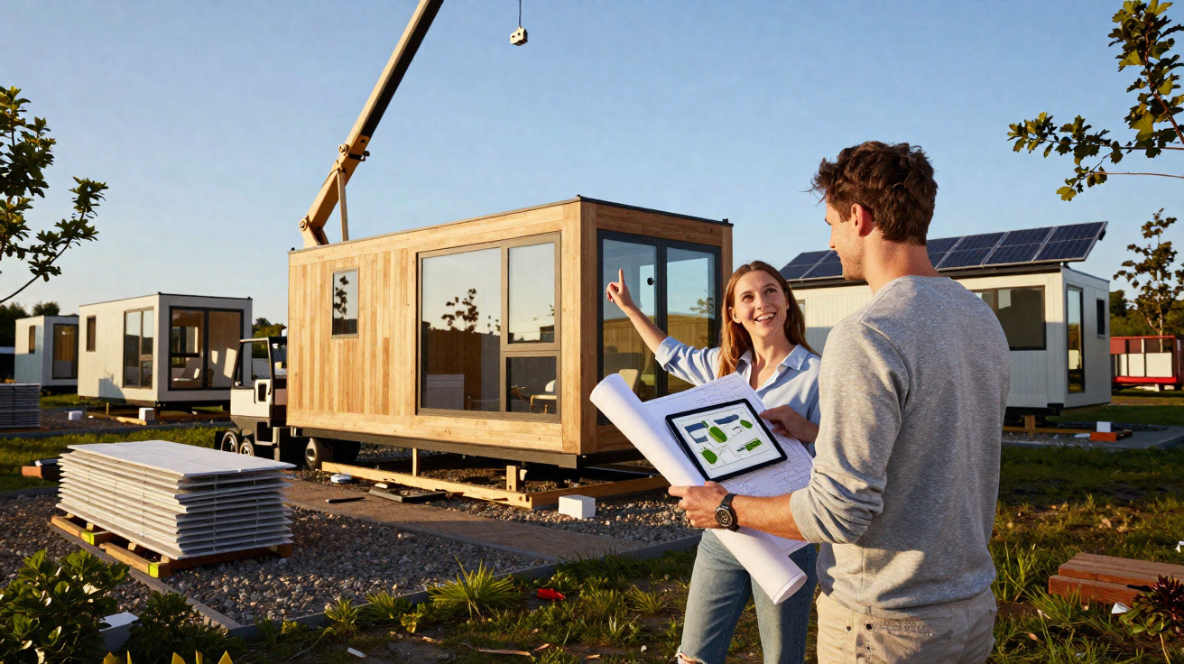 Casal analisa projeto de casa modular de madeira durante instalação em terreno com painéis solares.