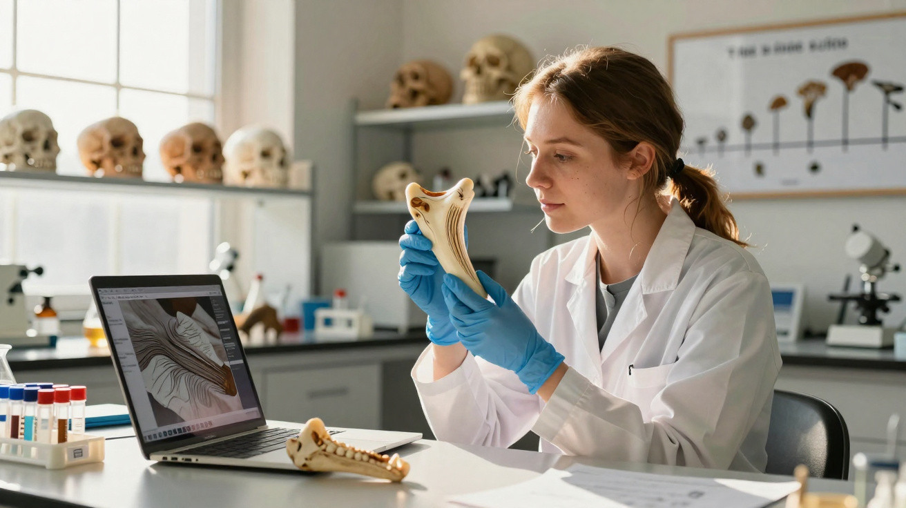 Mulher cientista com luvas azuis analisa osso em laboratório com crânios e laptop ao fundo.